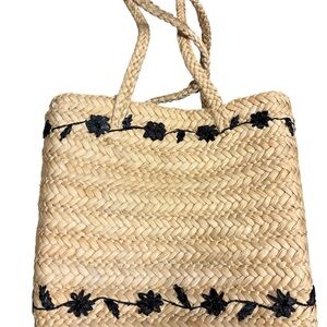 Blaine Trump Natural Straw Tote with Black Floral Design